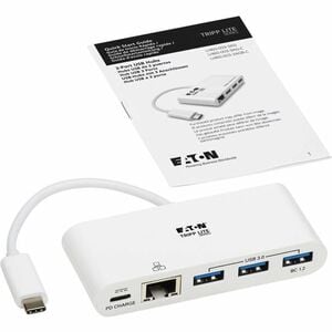 Eaton Tripp Lite Series 3-Port USB-C Hub - USB 3.x (5Gpbs) Hub Ports, Gigabit Ethernet, 60W PD Charging, White - USB 3.1 T