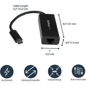 StarTech.com USB-C to Gigabit Ethernet Adapter - Black - USB-C to Ethernet dongle; Up to Gigabit speeds - Plug and play; U