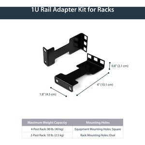 StarTech.com Rail Depth Adapter Kit for Server Racks - 4 in. (10 cm) Rack Extender - 1U - 4.54 kg Load Capacity - Steel - 