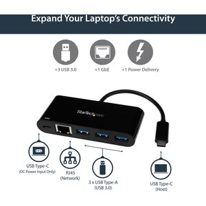 StarTech.com USB-C to Ethernet Adapter with 3-Port USB 3.0 Hub and Power Delivery - USB-C GbE Network Adapter + USB Hub w/