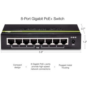 TRENDnet 8-Port GREENnet Gigabit PoE+ Switch, Supports PoE And PoE+ Devices, 61W PoE Budget, 16Gbps Switching Capacity, Da