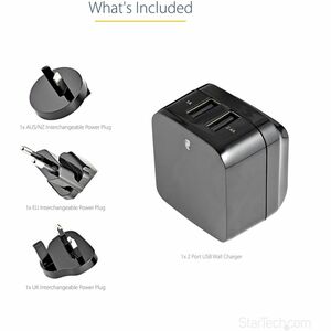 StarTech.com Travel USB Wall Charger - 2 Port - Black - Universal Travel Adapter - International Power Adapter - USB Charg