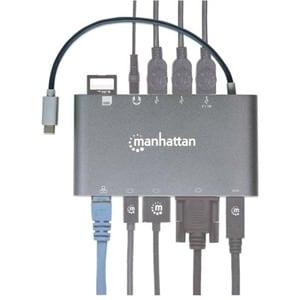 Manhattan Docking USB-C 11 ptos, HDMI/Mini DP/VGA, USB-C PD/3xUSBv3.2, Red/Audio/SD/micro SD - 5 x puertos USB - 3 x USB 3