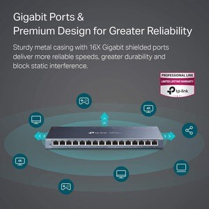 TP-Link TL-SG116 16 Ports Ethernet Switch - Gigabit Ethernet - 10/100/1000Base-T - 2 Layer Supported - 10 W Power Consumpt