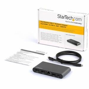 StarTech.com USB C Dock - 4K Dual Monitor HDMI USB-C Docking Station - 100W Power Delivery Passthrough, GbE, 2x USB-A - Mu