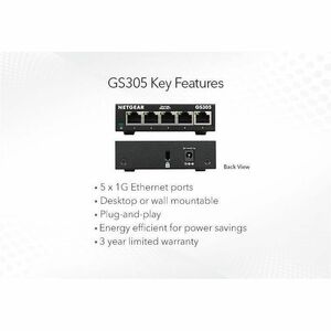 Netgear Business GS305 Ethernet Switch - 5 Ports - Gigabit Ethernet - 10/100/1000Base-T - 2 Layer Supported - 2.15 W Power