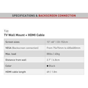 Barkan Wall Mount for TV - Black - 13" to 60" Screen Support - 88 lb Load Capacity - 75 x 75, 400 x 400 VESA Standard - 1 