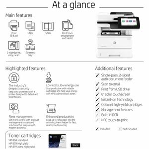 Print, copy, scan and optional fax; Up to 43 ppm; As fast as 6 sec; Up to 150,000 pages; 1 Hi-Speed Device USB 2.0; 2 Hi-S