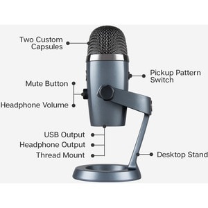 Blue Yeti Nano Wired Condenser Microphone - 20 Hz to 20 kHz - Cardioid, Omni-directional - Desktop, Stand Mountable - USB