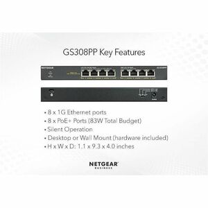 Netgear Business GS308PP Ethernet Switch - 8 Ports - Gigabit Ethernet - 10/100/1000Base-T - 2 Layer Supported - 90 W Power