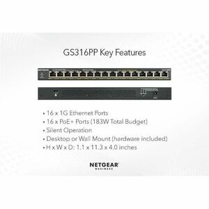 Netgear Business GS316PP Ethernet Switch - 16 Ports - Gigabit Ethernet - 10/100/1000Base-T - 2 Layer Supported - 195.90 W 