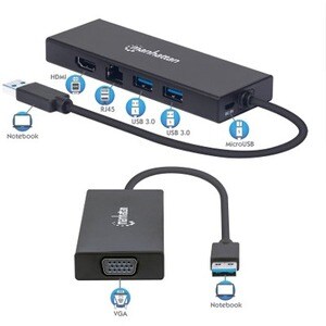 USB-A Dock/Hub, Ports (x5): Ethernet, HDMI, USB-A (x2) and VGA, Micro-USB Power Input Port (Optional, only when additional