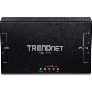 TRENDnet 65W 4-Port Gigabit PoE+ Injector, TPE-147GI, 4 x Gigabit Ports(Data in), 4 x gigabit PoE Ports(Data + PoE Out), M