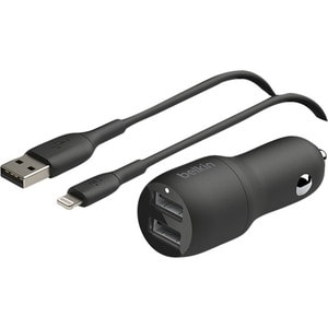 Belkin BoostCharge Dual USB-A Car Charger 24W + USB-A to Lightning Cable - 5 V DC/4.80 A Output