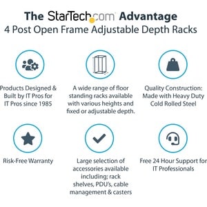StarTech.com 4-Post 8U Mobile Open Frame Server Rack, 19in Network Rack with Casters, Small Rolling Rack for Computer/AV/D