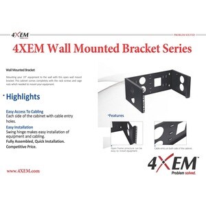 4XEM 3U Wall Mount for Rackmount Equipment, Network Equipment - Black - 19" Wall Mounted Open 3U Rack With Swing Hinge For