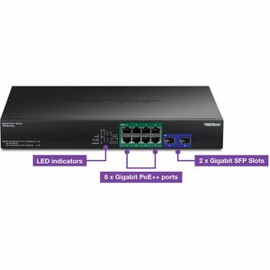 TRENDnet TPE-BG102g- 10-Port Gigabit 240W PoE++ Switch with 4 x 95W PoE++ Ports- 4 x 30W PoE+ Ports- 2 Gigabit SFP Slots, 