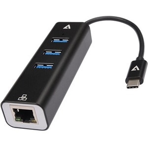 V7 Gigabit Ethernet Adapter USB-C Male to USB A Female x 3, RJ45 Black - USB 3.2 (Gen 1) Type C - External - 3 USB Port(s)