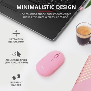 Trust Puck Mouse - Bluetooth/Radio Frequency - USB 2.0 Type A - Optical - 4 Button(s) - Pink - Wireless - 2.40 GHz - Recha
