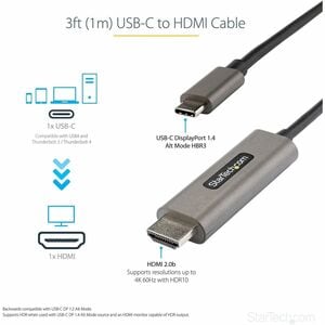 StarTech.com 3ft (1m) USB C to HDMI Cable 4K 60Hz with HDR10, Ultra HD USB Type-C to HDMI 2.0b Video Adapter Cable, DP 1.4