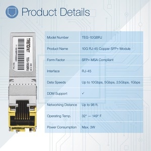 TRENDnet TEG-10GBRJ SFP+ - 1 x RJ-45 10GBase-T Network LAN - For Data Networking - Twisted Pair10 Gigabit Ethernet - 10GBa