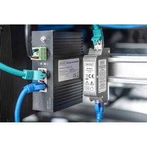 Digitus PoE Überspannungsschutz (RJ45), DIN-Schienenmontage, Indoor. Produktfarbe: Grau, Material: Zink, Internationale Sc