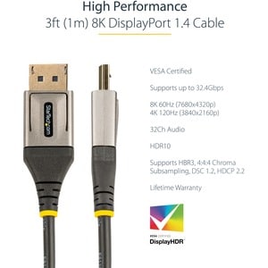 StarTech.com 3ft (1m) VESA Certified DisplayPort 1.4 Cable, 8K 60Hz HDR10, UHD 4K 120Hz Video, DP to DP Monitor Cord, DP 1