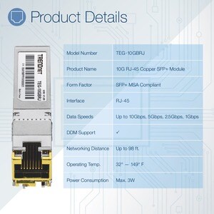 TRENDnet TEG-10GBRJ SFP+ - 1 x RJ-45 10GBase-T Network LAN - For Data Networking - Twisted Pair10 Gigabit Ethernet - 10GBa