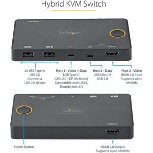 Switch KVM Hybride 2 Ports USB-A & HDMI/USB-C - 1x Écran HDMI 2.0 4K - Commutateur KVM Compact Desktop/Laptop - Alim. Bus 
