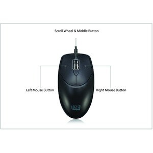 Adesso HC-3003US Mouse - USB - Optical - 3 Button(s) - Black - 1 Each - Cable - 1000 dpi - Scroll Wheel - Symmetrical