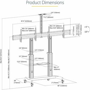 StarTech.com Dual TV Cart, 60in VESA TVs up to 50kg/110lb each, Height Adjustable Mobile Display Mount/Cart, Rolling TV Ca
