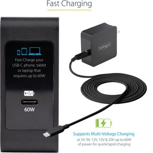 StarTech.com USB C Wall Charger, 60W PD with 6ft/2m Cable, Portable USB Type C Laptop Charger, Universal Adapter, USB IF/E