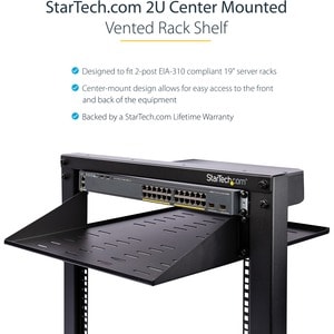 StarTech.com 2U Vented Server Rack Shelf - Center Mount Fixed 14" Deep Cantilever Rackmount Tray for 19" Data/AV/Network w