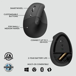 Logitech Lift for Business Left, Vertical Ergonomic Mouse - Left-handed, Wireless, Bluetooth or Secured Logi Bolt USB, Qui