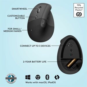 Logitech Lift Left Vertical Ergonomic Mouse, Left-handed, Wireless, Bluetooth or Logi Bolt USB, Quiet clicks, Graphite - O