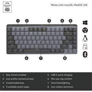 Logitech MX Mechanical Mini Minimalist Wireless Illuminated Keyboard (Linear) (Graphite) - Wireless Connectivity - Bluetoo