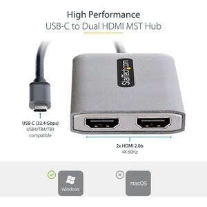 StarTech.com USB-C to Dual HDMI Adapter, USB Type-C Multi-Monitor MST Hub, Dual 4K 60Hz HDMI Laptop Display Extender / Spl