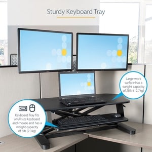 StarTech.com Corner Sit Stand Desk Converter with Keyboard Tray, Large Surface 35"x21" , Height Adjustable Ergonomic Table