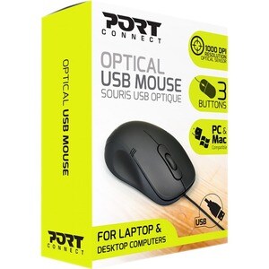 Port Travel Mouse - USB Type A - Optical - 3 Button(s) - Black - 1 - Cable - 1000 dpi - Scroll Wheel - Symmetrical