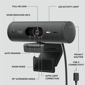 Logitech Brio 505 Full HD Webcam, TAA Compliant, Auto-Framing, Show Mode, Dual Noise Reduction Mics, Privacy Shutter - A f