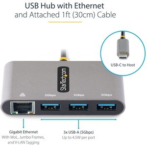 StarTech.com USB/Ethernet-Hub - USB 3.2 (Gen 1) Typ C - Tragbar - Grau - UASP-Support - 3 Total USB Port(s)1 Netzwerk (RJ-