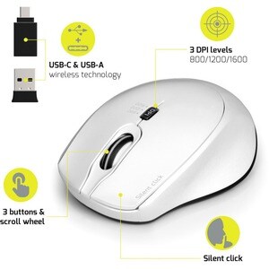 Port Silent Mouse - Radio Frequency - USB - Optical - 3 Button(s) - White - 1 - Wireless - 2.40 GHz - 1600 dpi - Scroll Wh