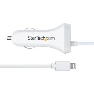 StarTech.com Lightning Car Charger with Coiled Cable, 1m Built-in Cable, 12W, White, 2 Port USB Car Charger Adapter, In Ca