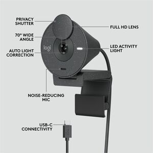 Logitech Brio 305 Full HD 1080P Webcam with Privacy Shutter, Mono Noise Reduction Mics, USB-C, Auto Light Correction - 192