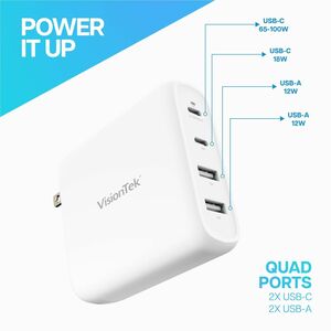 VisionTek 100W GaN II Power Adapter - 4 Port - 100 W - 120 V AC, 230 V AC Input - 5 V DC, 9 V DC, 15 V DC, 20 V DC Output 