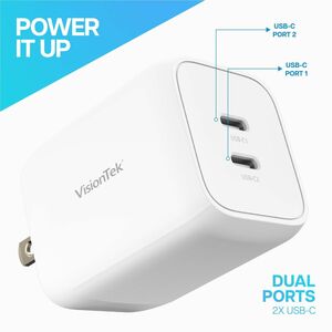 VisionTek 65W GaN II Power Adapter - 2 Port - 65 W - 120 V AC, 230 V AC Input - 5 V DC, 9 V DC, 12 V DC, 15 V DC, 20 V DC,