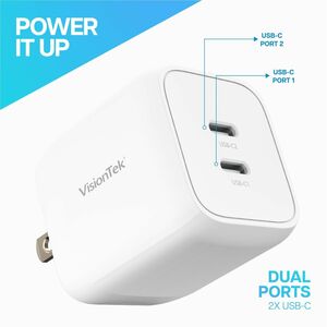 VisionTek 45W GaN II Power Adapter - 2 Port - 45 W - 120 V AC, 230 V AC Input - 3.3 V DC, 5 V DC, 12 V DC, 15 V DC, 16 V D