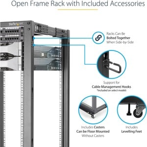 StarTech.com 25U Adjustable Depth Open Frame 4 Post Server Rack w/ Casters / Levelers and Cable Management Hooks - Steel, 