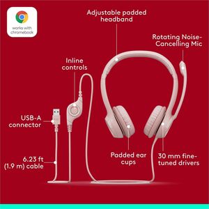 Auriculares Logitech H390 Cableado Sobre la cabeza Estéreo - Rosa - Binaural - Circumaural - 32Ohm - 20Hz a 20kHz - 189.9c