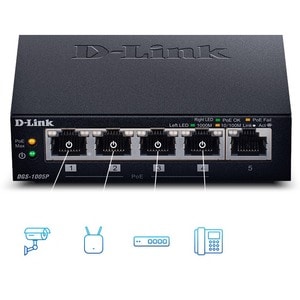 D-Link DGS-105 5 Ports Ethernet Switch - 2 Layer Supported - 3.10 W Power Consumption - Twisted Pair - Desktop